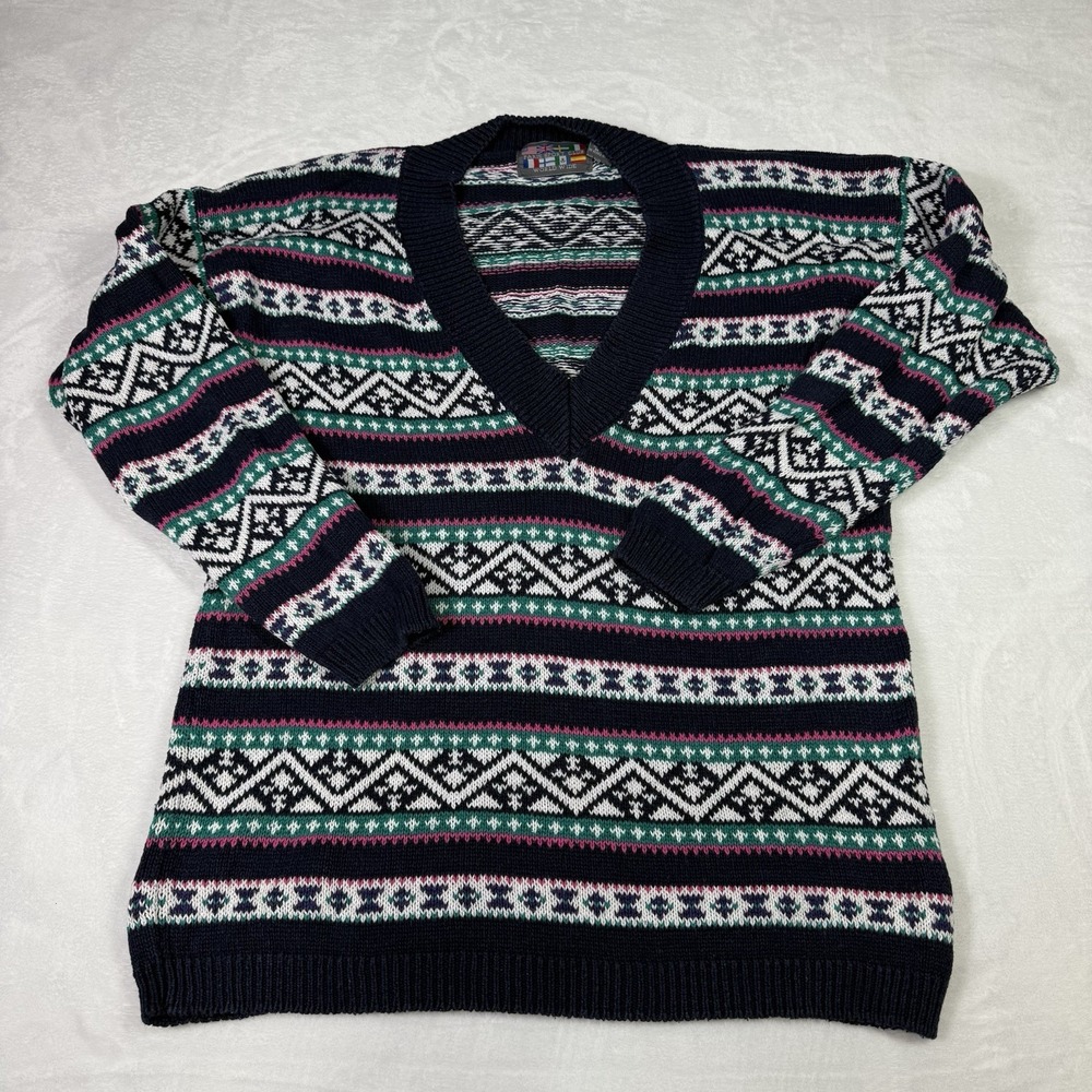 Vintage Paris Sport Club Sweater Womens Large Geometric Knit Fisherman Ireland